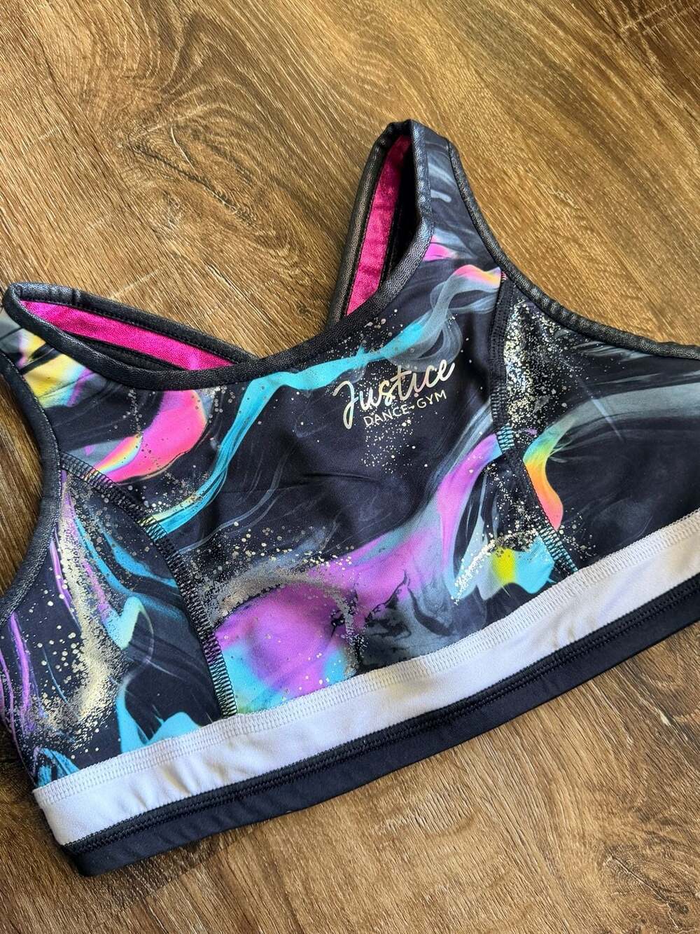Justice Dance Gym Swirl Print Sports Bra Black Pink Size L 12-14